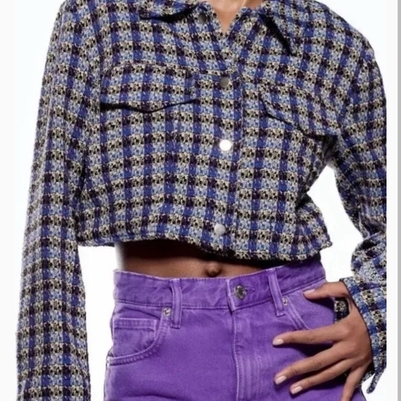 🦄 Zara Tweed Botton Blue Plaid Women's Cropped Top - Picture 2 of 9